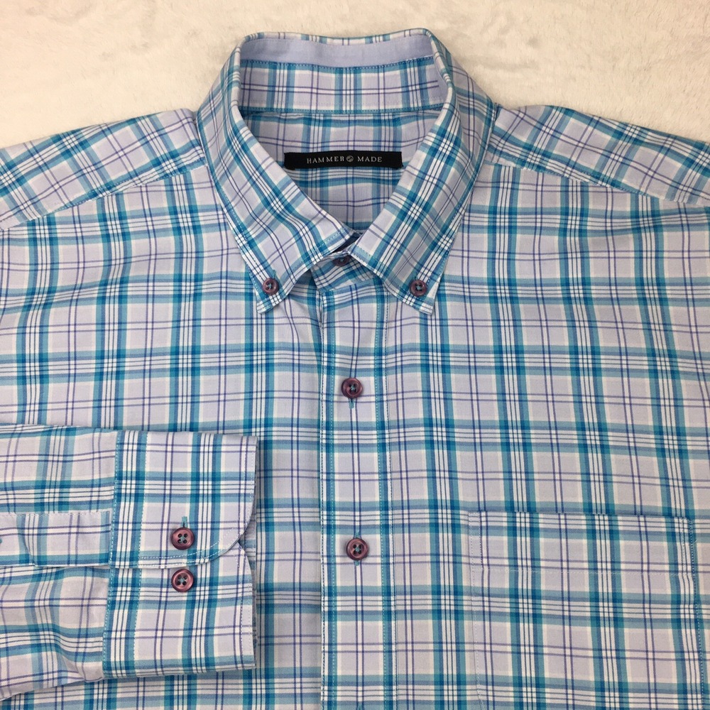 Hammer Made Shirt Mens 17.5 (44) Teal/Gray Plaid Long Sleeves